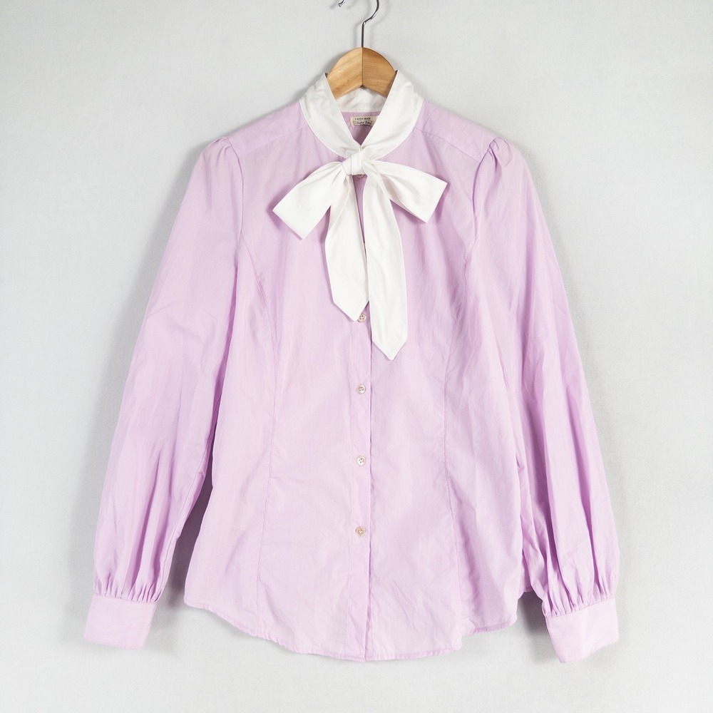Leon Max Shirt Blouse Women Medium Purple Tie Bow Button Up Long Sleeve Cotton